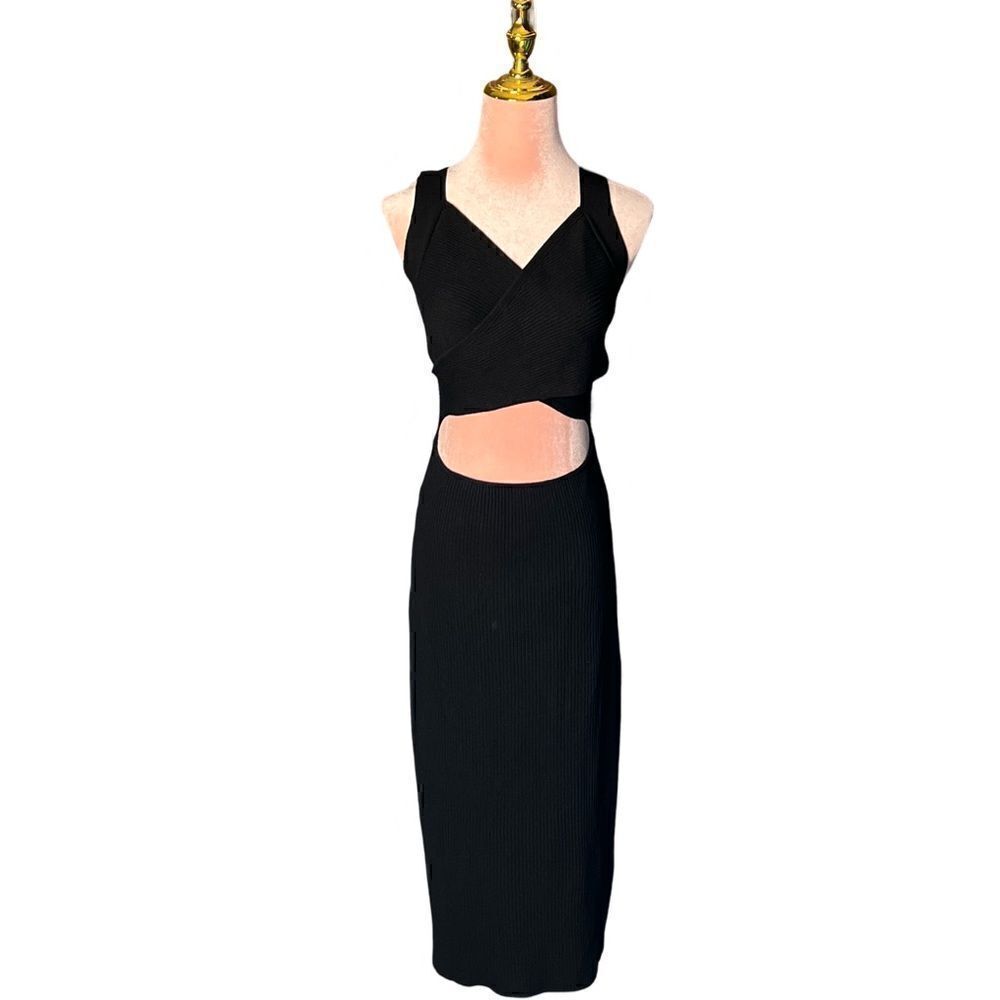 House of Harlow 1960 Ribbed Knit Wide Strap CutOut Midi Dress, Black. Large. NWT
